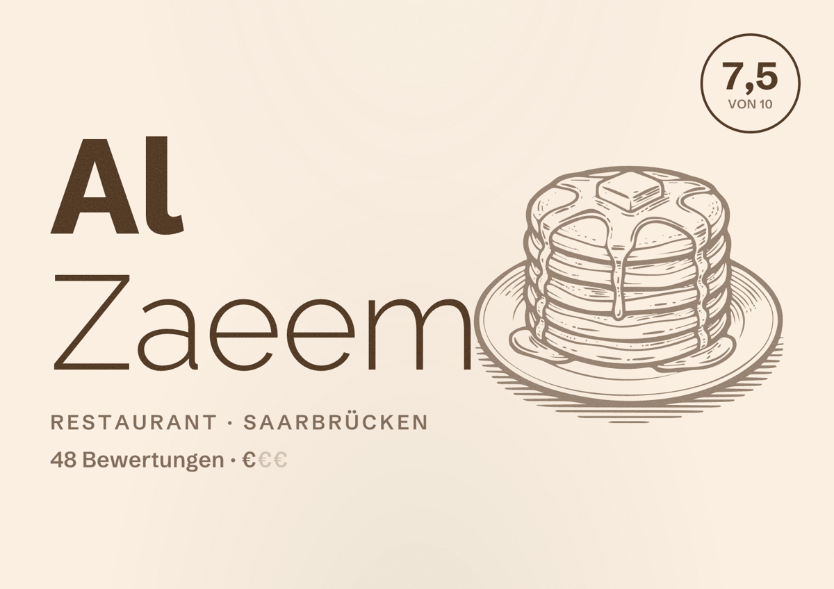 Illustriertes Poster von Al Zaeem, Restaurant in Saarbrücken: Bewertung 7,5 von 10 aus 48 Bewertungen, Preisniveau €