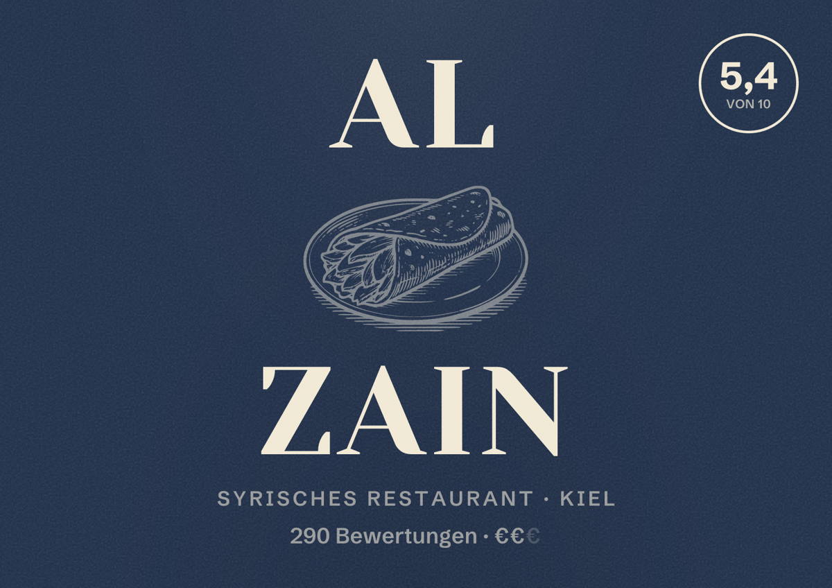 Illustriertes Poster von Al Zain, Syrisches Restaurant in Kiel: Bewertung 5,4 von 10 aus 290 Bewertungen, Preisniveau €€