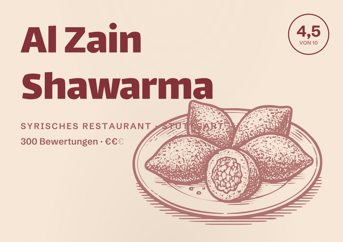 Illustriertes Poster von Al Zain Shawarma, Syrisches Restaurant in Stuttgart: Bewertung 4,5 von 10 aus 300 Bewertungen, Preisniveau €€