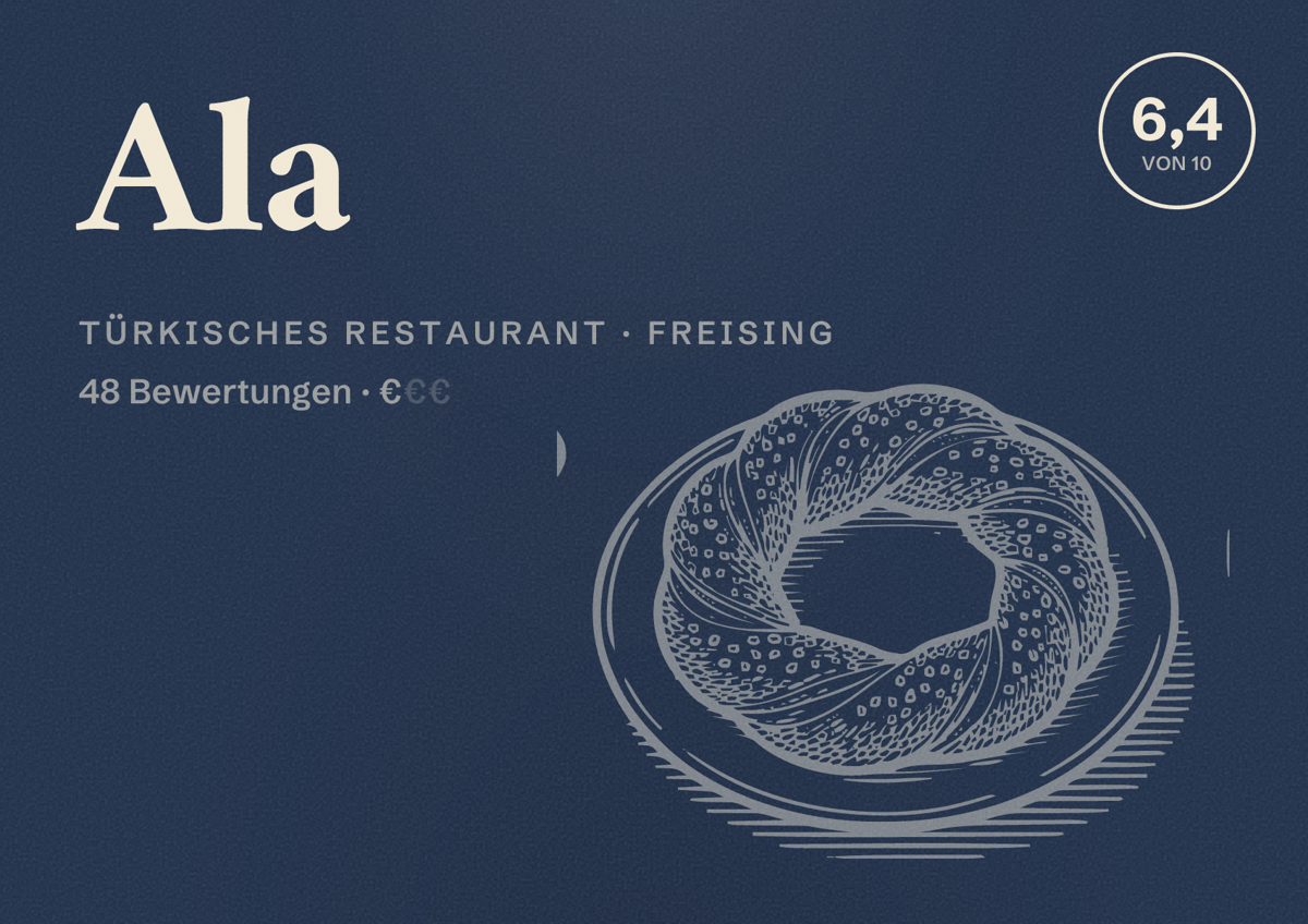 Illustriertes Poster von Ala, Türkisches Restaurant in Freising: Bewertung 6,4 von 10 aus 48 Bewertungen, Preisniveau €