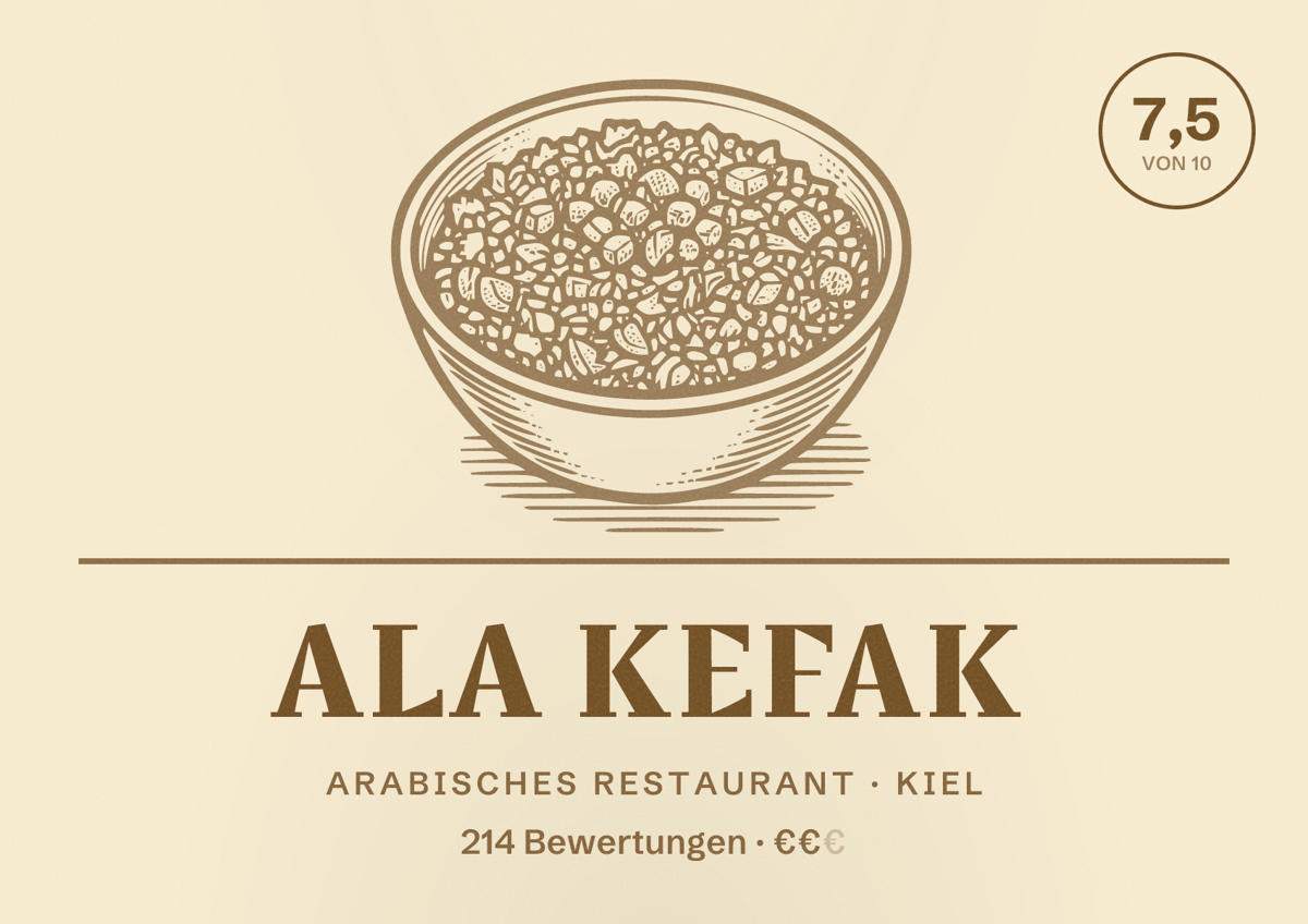 Illustriertes Poster von Ala Kefak, Arabisches Restaurant in Kiel: Bewertung 7,5 von 10 aus 214 Bewertungen, Preisniveau €€