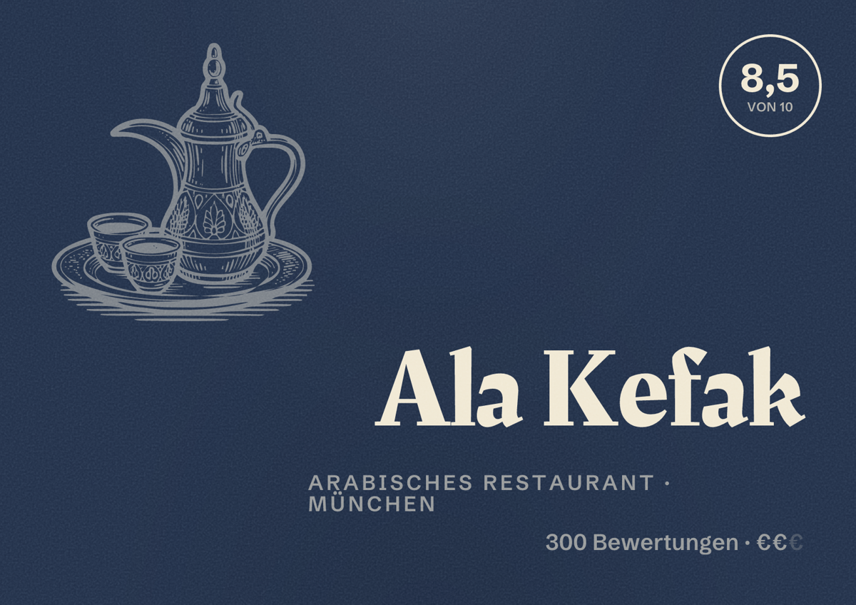 Illustriertes Poster von Ala Kefak, Arabisches Restaurant in München: Bewertung 8,5 von 10 aus 300 Bewertungen, Preisniveau €€