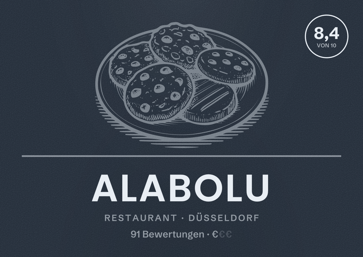Illustriertes Poster von Alabolu, Restaurant in Düsseldorf: Bewertung 8,4 von 10 aus 91 Bewertungen, Preisniveau €