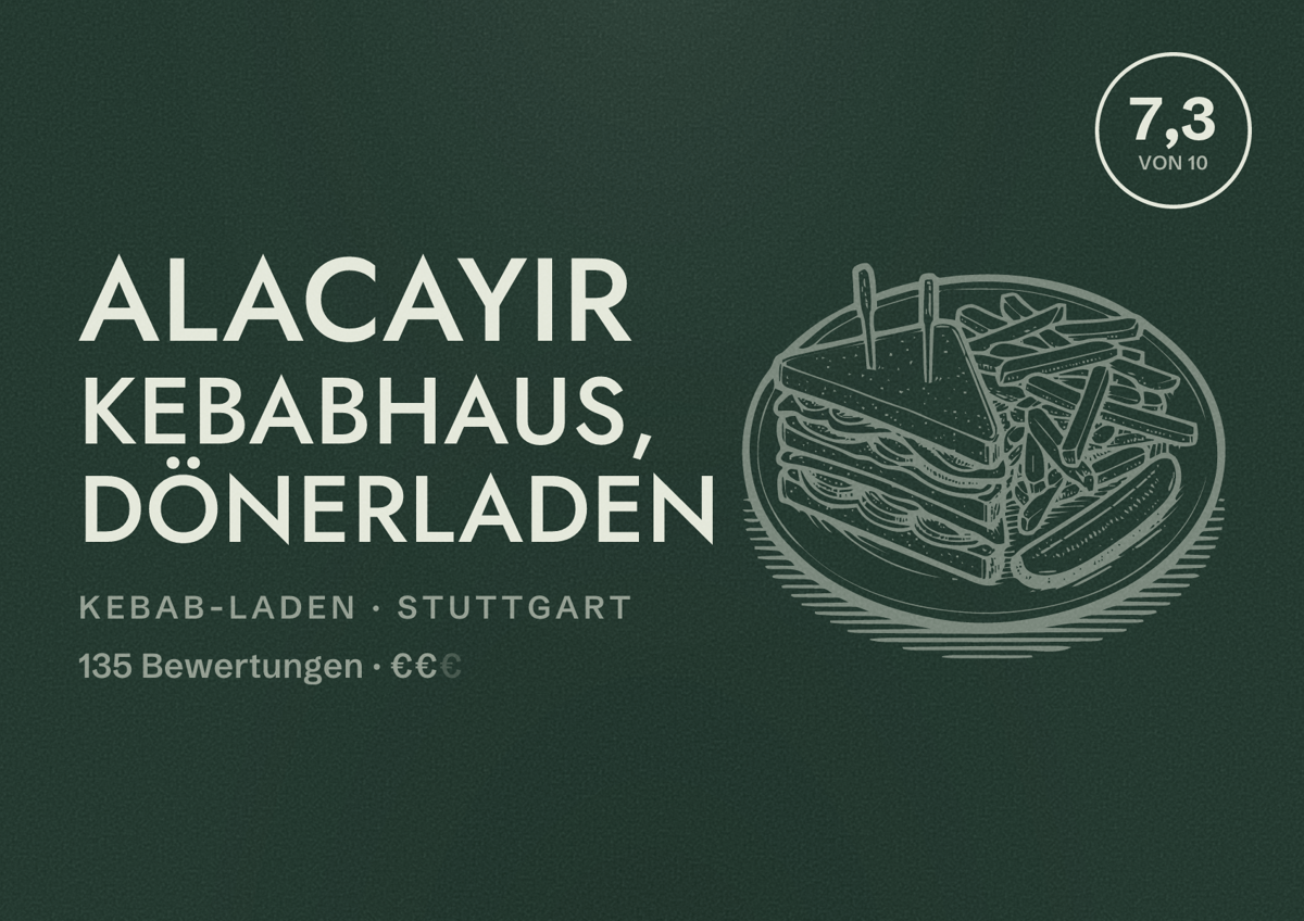 Illustriertes Poster von Alacayir Kebabhaus, Dönerladen, Kebab-Laden in Stuttgart: Bewertung 7,3 von 10 aus 135 Bewertungen, Preisniveau €€