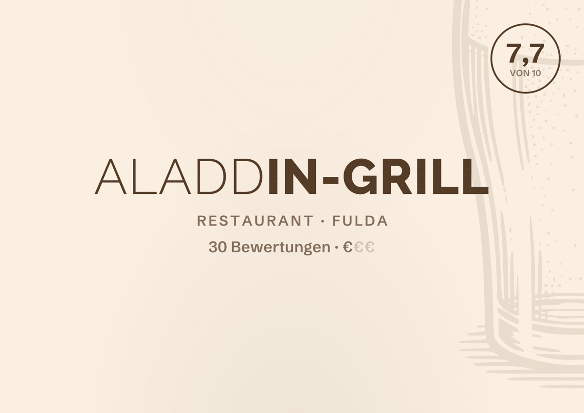 Illustriertes Poster von Aladdin-Grill, Restaurant in Fulda: Bewertung 7,7 von 10 aus 30 Bewertungen, Preisniveau €