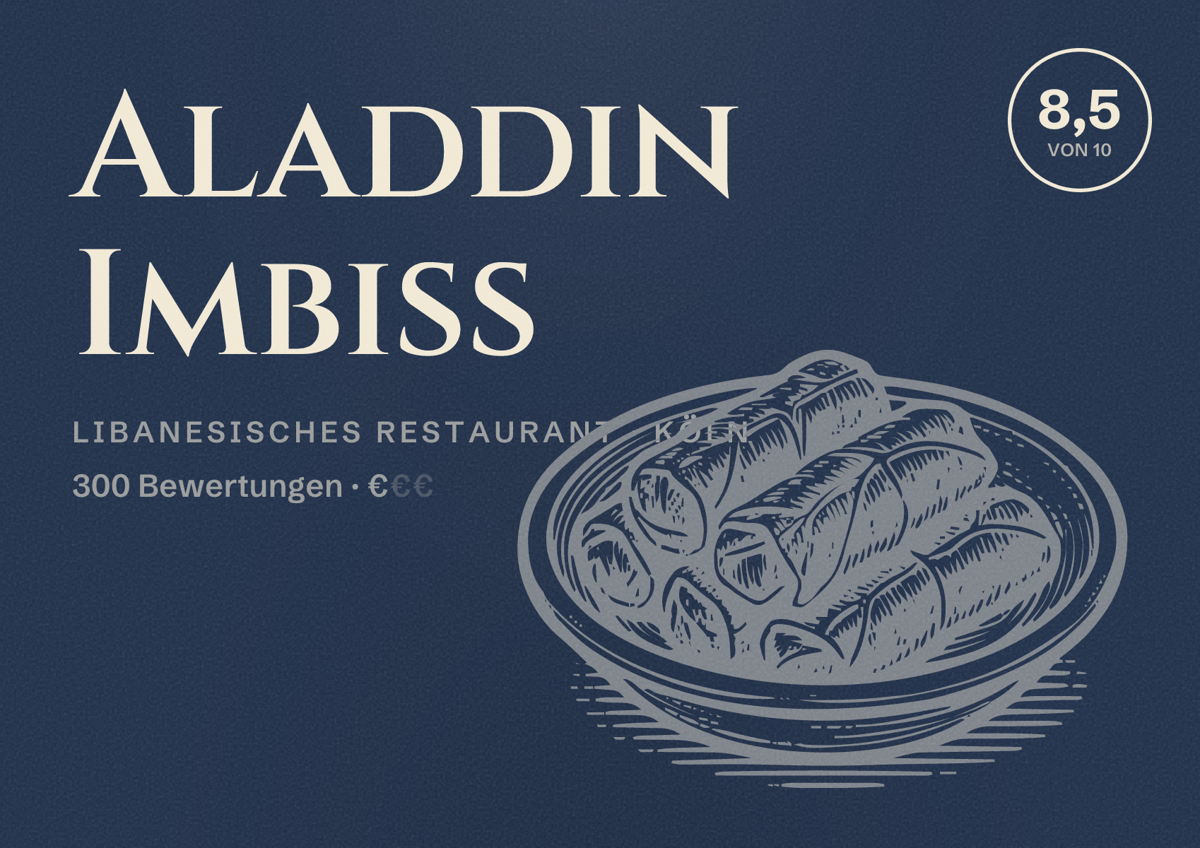 Illustriertes Poster von Aladdin Imbiss, Libanesisches Restaurant in Köln: Bewertung 8,5 von 10 aus 300 Bewertungen, Preisniveau €