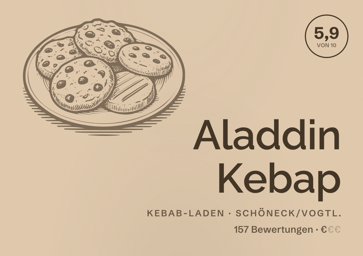 Illustriertes Poster von Aladdin Kebap, Kebab-Laden in Schöneck/Vogtl.: Bewertung 5,9 von 10 aus 157 Bewertungen, Preisniveau €