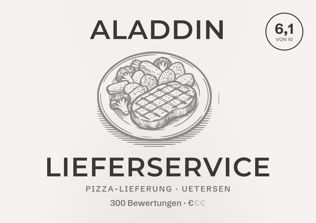 Illustriertes Poster von Aladdin Lieferservice, Pizza-Lieferung in Uetersen: Bewertung 6,1 von 10 aus 300 Bewertungen, Preisniveau €