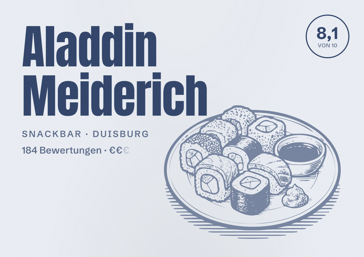 Illustriertes Poster von Aladdin Meiderich, Snackbar in Duisburg: Bewertung 8,1 von 10 aus 184 Bewertungen, Preisniveau €€
