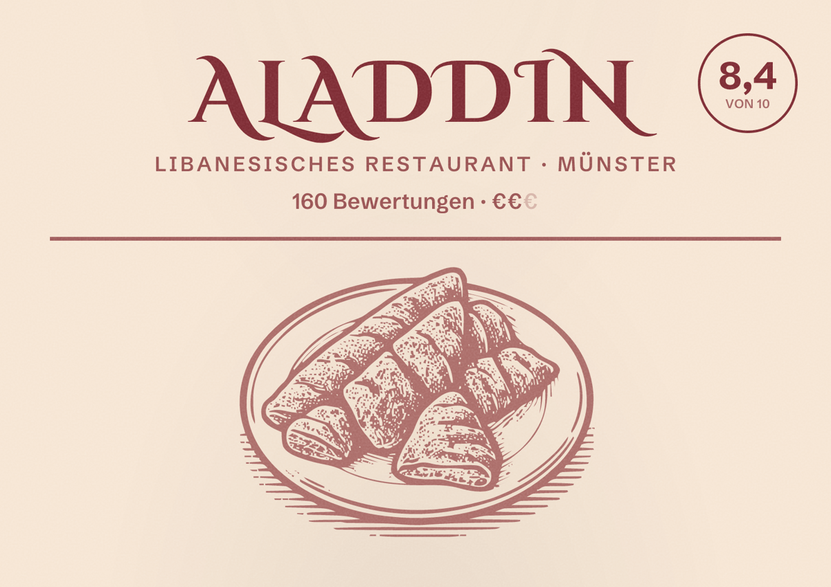 Illustriertes Poster von Aladdin, Libanesisches Restaurant in Münster: Bewertung 8,4 von 10 aus 160 Bewertungen, Preisniveau €€