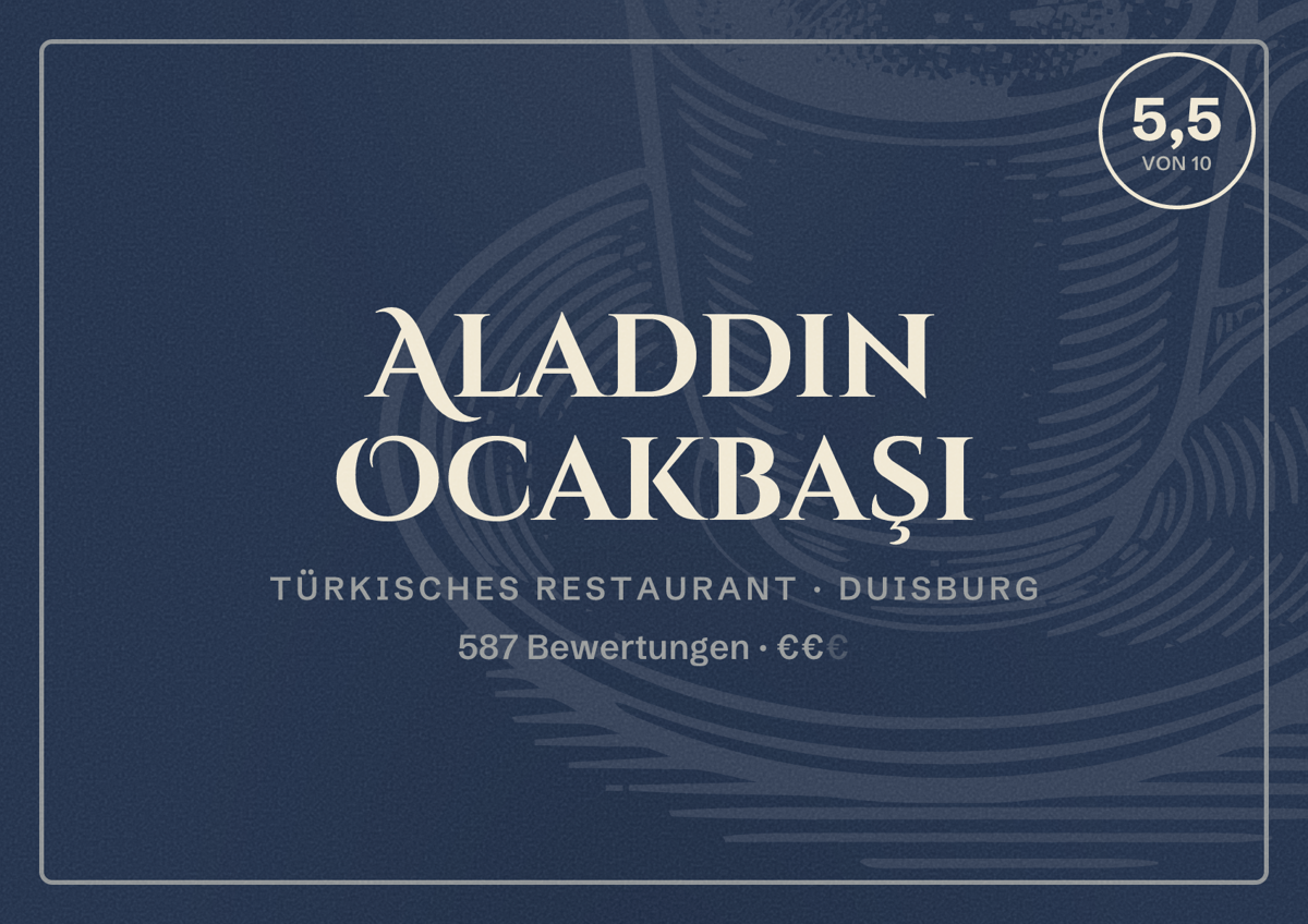 Illustriertes Poster von Aladdin Ocakbaşı, Türkisches Restaurant in Duisburg: Bewertung 5,5 von 10 aus 587 Bewertungen, Preisniveau €€