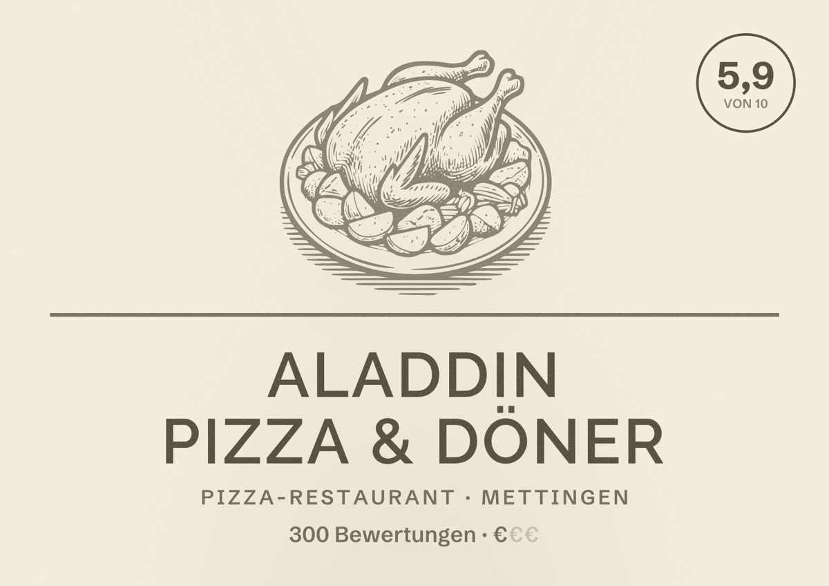 Illustriertes Poster von Aladdin Pizza & Döner, Pizza-Restaurant in Mettingen: Bewertung 5,9 von 10 aus 300 Bewertungen, Preisniveau €