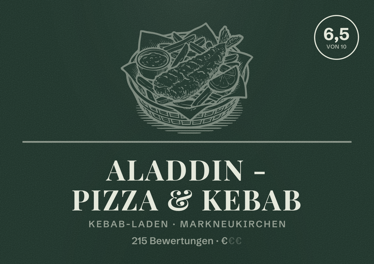 Illustriertes Poster von Aladdin - Pizza & Kebab, Kebab-Laden in Markneukirchen: Bewertung 6,5 von 10 aus 215 Bewertungen, Preisniveau €