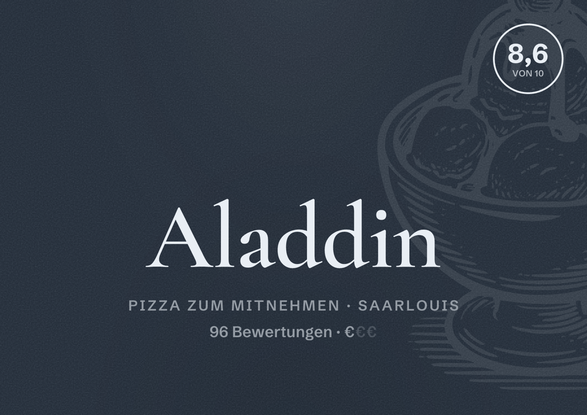 Illustriertes Poster von Aladdin, Pizza zum Mitnehmen in Saarlouis: Bewertung 8,6 von 10 aus 96 Bewertungen, Preisniveau €