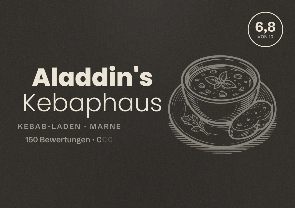 Illustriertes Poster von Aladdin's Kebaphaus, Kebab-Laden in Marne: Bewertung 6,8 von 10 aus 150 Bewertungen, Preisniveau €