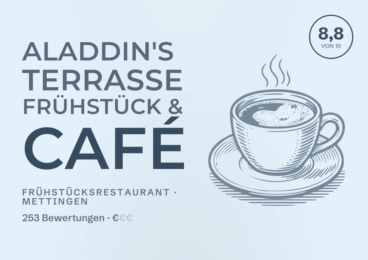 Illustriertes Poster von Aladdin's Terrasse Frühstück & Café, Frühstücksrestaurant in Mettingen: Bewertung 8,8 von 10 aus 253 Bewertungen, Preisniveau €