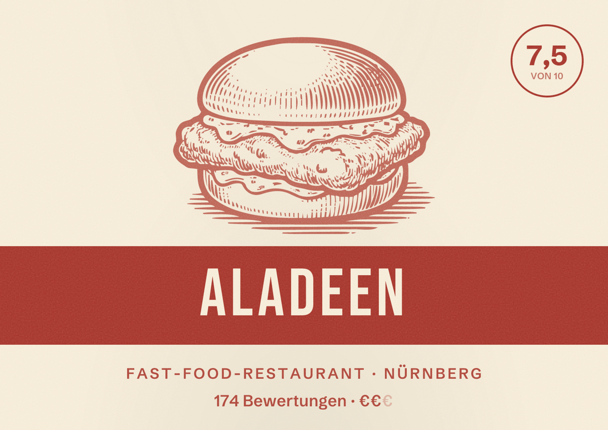 Illustriertes Poster von Aladeen, Fast-Food-Restaurant in Nürnberg: Bewertung 7,5 von 10 aus 174 Bewertungen, Preisniveau €€