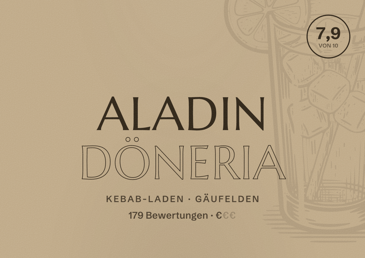 Illustriertes Poster von Aladin Döneria, Kebab-Laden in Gäufelden: Bewertung 7,9 von 10 aus 179 Bewertungen, Preisniveau €