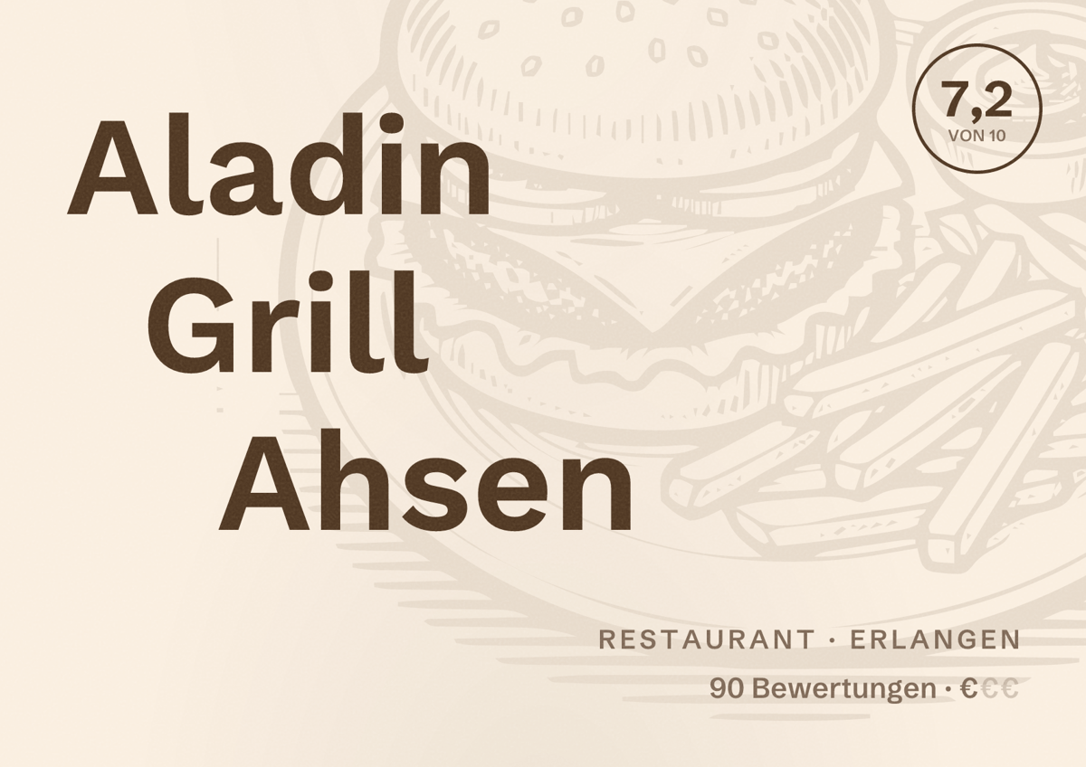 Illustriertes Poster von Aladin Grill Ahsen, Restaurant in Erlangen: Bewertung 7,2 von 10 aus 90 Bewertungen, Preisniveau €