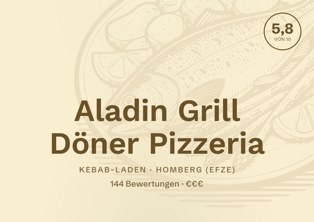 Illustriertes Poster von Aladin Grill Döner Pizzeria, Kebab-Laden in Homberg (Efze): Bewertung 5,8 von 10 aus 144 Bewertungen, Preisniveau €€€