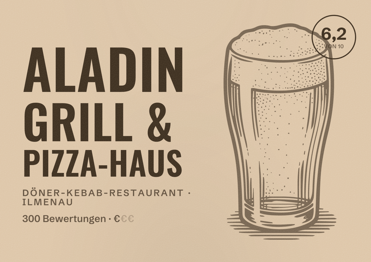 Illustriertes Poster von Aladin Grill & Pizza-Haus, Döner-Kebab-Restaurant in Ilmenau: Bewertung 6,2 von 10 aus 300 Bewertungen, Preisniveau €