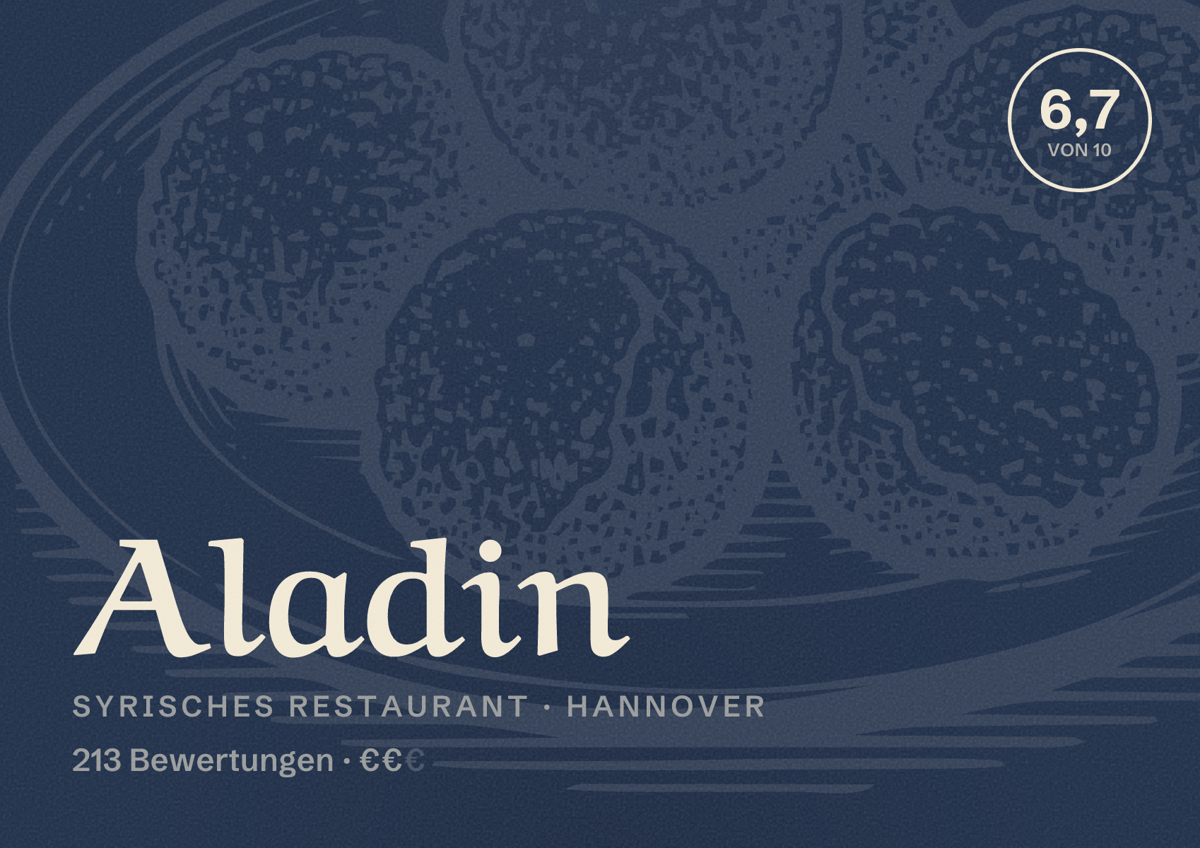 Illustriertes Poster von Aladin, Syrisches Restaurant in Hannover: Bewertung 6,7 von 10 aus 213 Bewertungen, Preisniveau €€