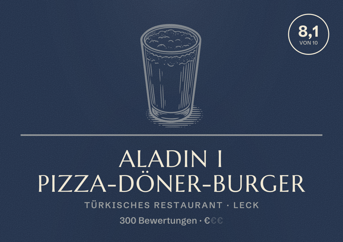 Illustriertes Poster von Aladin I Pizza-Döner-Burger, Türkisches Restaurant in Leck: Bewertung 8,1 von 10 aus 300 Bewertungen, Preisniveau €