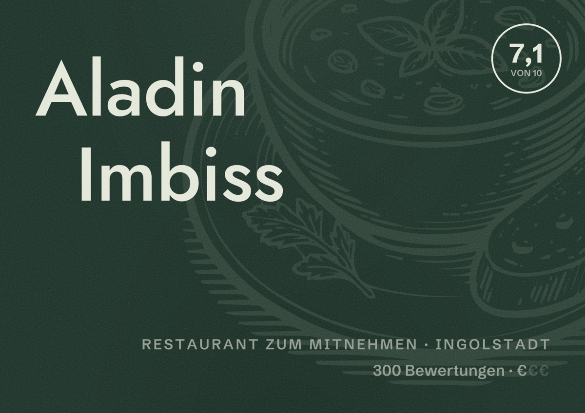 Illustriertes Poster von Aladin Imbiss, Restaurant zum Mitnehmen in Ingolstadt: Bewertung 7,1 von 10 aus 300 Bewertungen, Preisniveau €