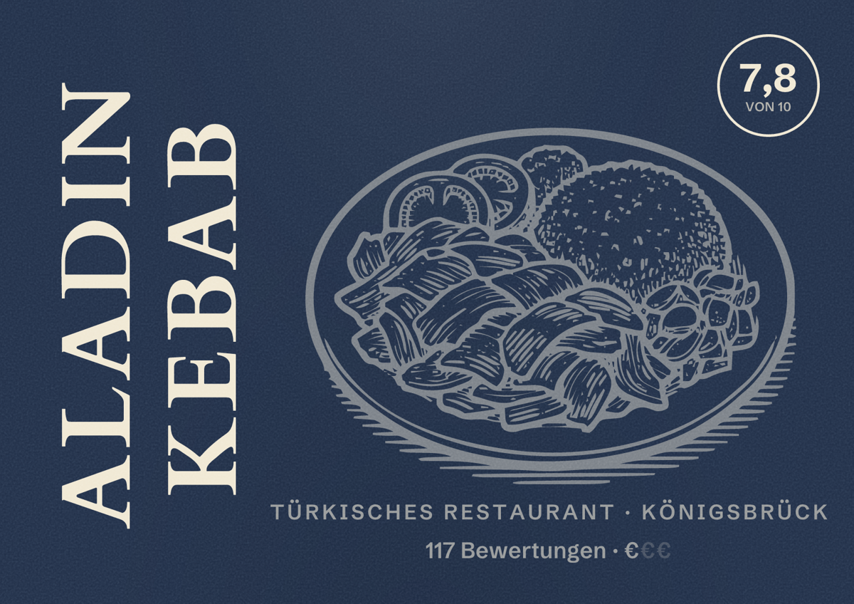Illustriertes Poster von Aladin Kebab, Türkisches Restaurant in Königsbrück: Bewertung 7,8 von 10 aus 117 Bewertungen, Preisniveau €