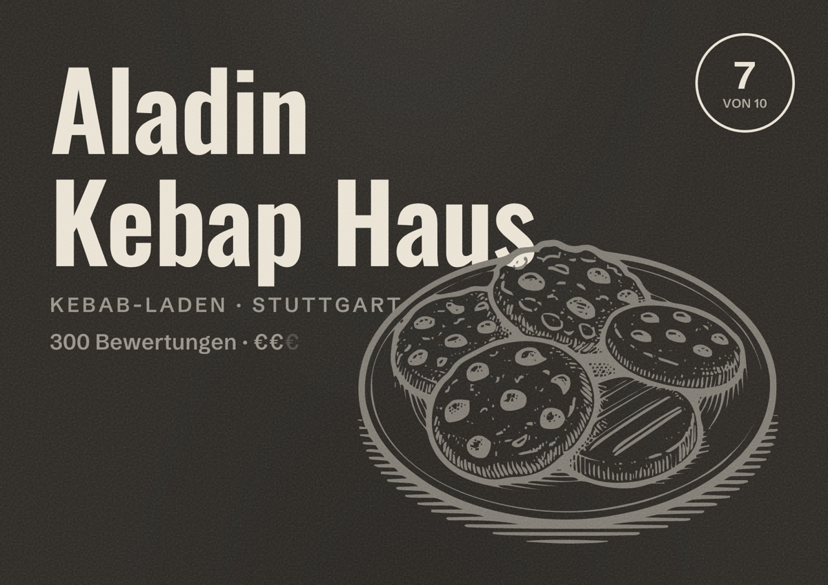 Illustriertes Poster von Aladin Kebap Haus, Kebab-Laden in Stuttgart: Bewertung 7,0 von 10 aus 300 Bewertungen, Preisniveau €€