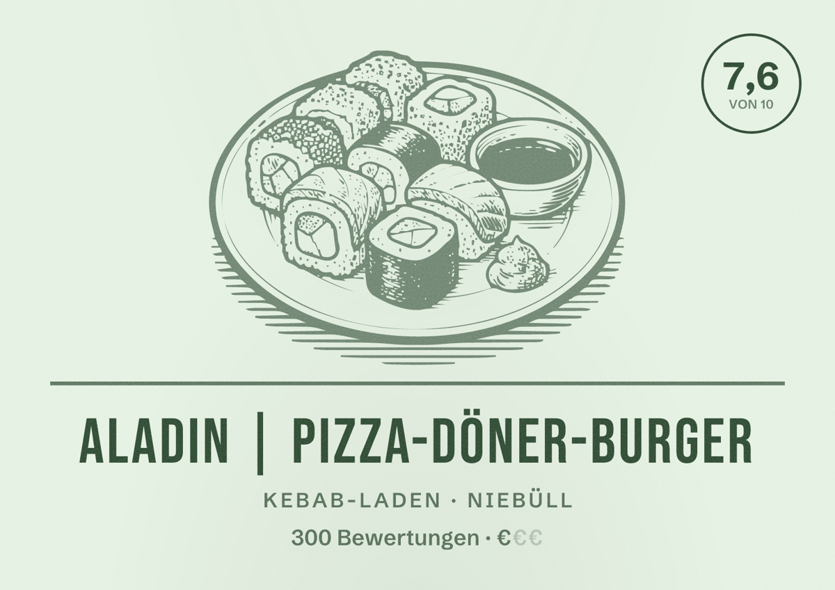 Illustriertes Poster von Aladin | Pizza-Döner-Burger, Kebab-Laden in Niebüll: Bewertung 7,6 von 10 aus 300 Bewertungen, Preisniveau €