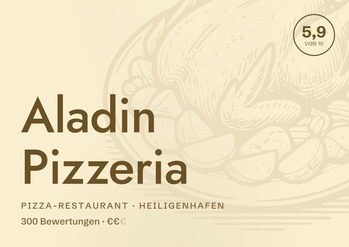 Illustriertes Poster von Aladin Pizzeria, Pizza-Restaurant in Heiligenhafen: Bewertung 5,9 von 10 aus 300 Bewertungen, Preisniveau €€