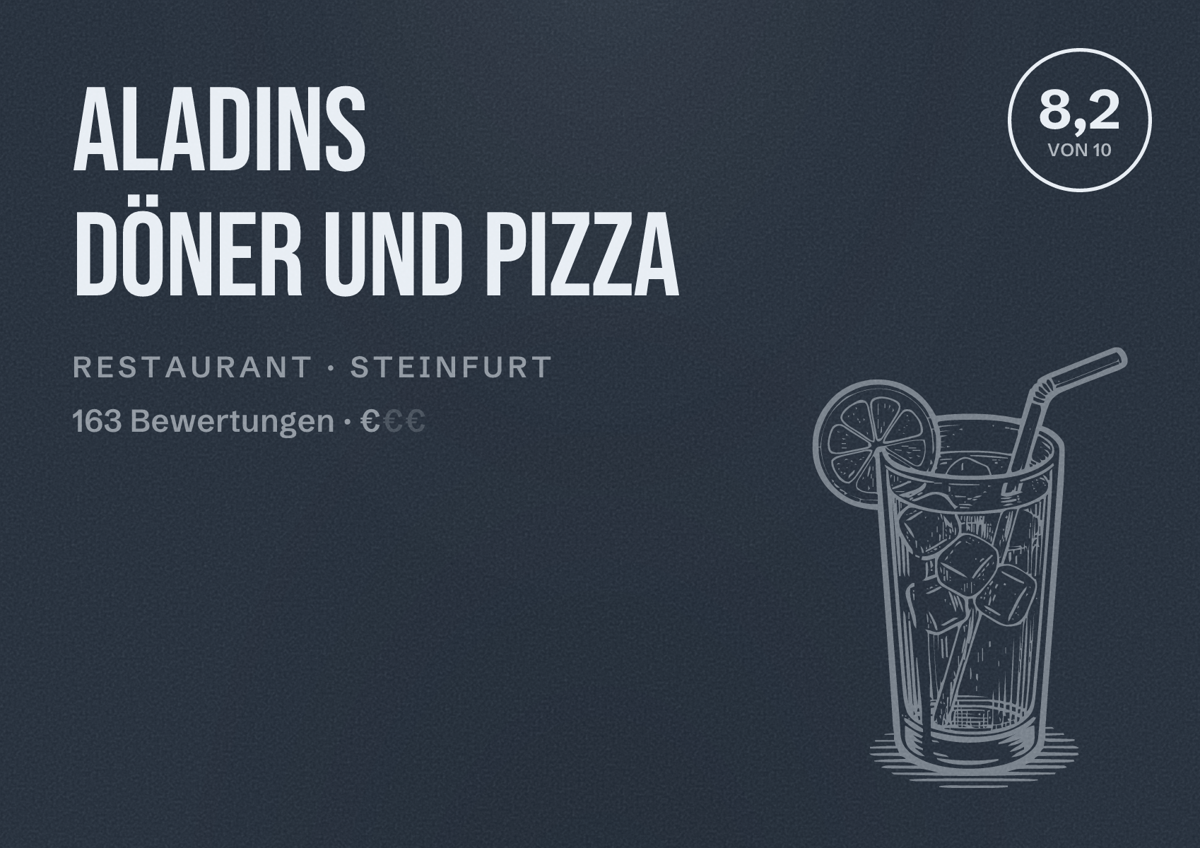 Illustriertes Poster von Aladins Döner und Pizza, Restaurant in Steinfurt: Bewertung 8,2 von 10 aus 163 Bewertungen, Preisniveau €