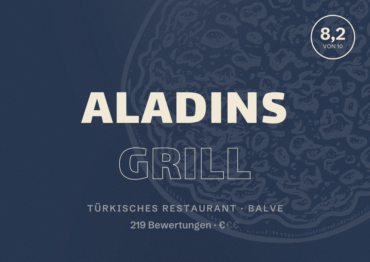 Illustriertes Poster von Aladins Grill, Türkisches Restaurant in Balve: Bewertung 8,2 von 10 aus 219 Bewertungen, Preisniveau €