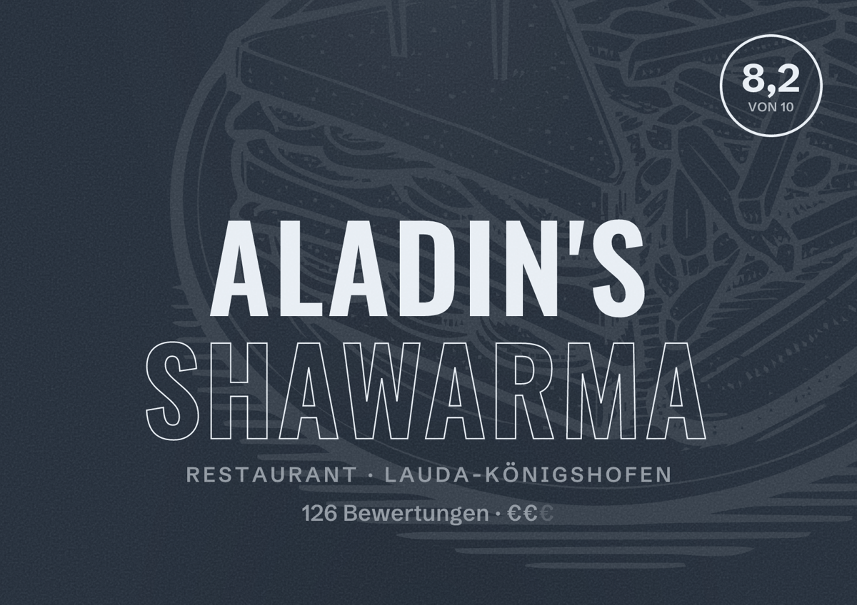 Illustriertes Poster von Aladin's Shawarma, Restaurant in Lauda-Königshofen: Bewertung 8,2 von 10 aus 126 Bewertungen, Preisniveau €€