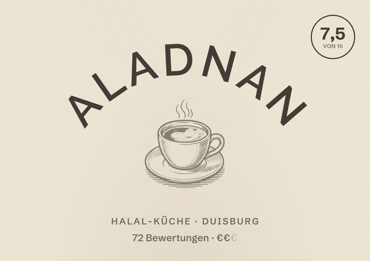 Illustriertes Poster von Aladnan, Halal-Küche in Duisburg: Gästebewertung 7,5 von 10 aus 72 Bewertungen