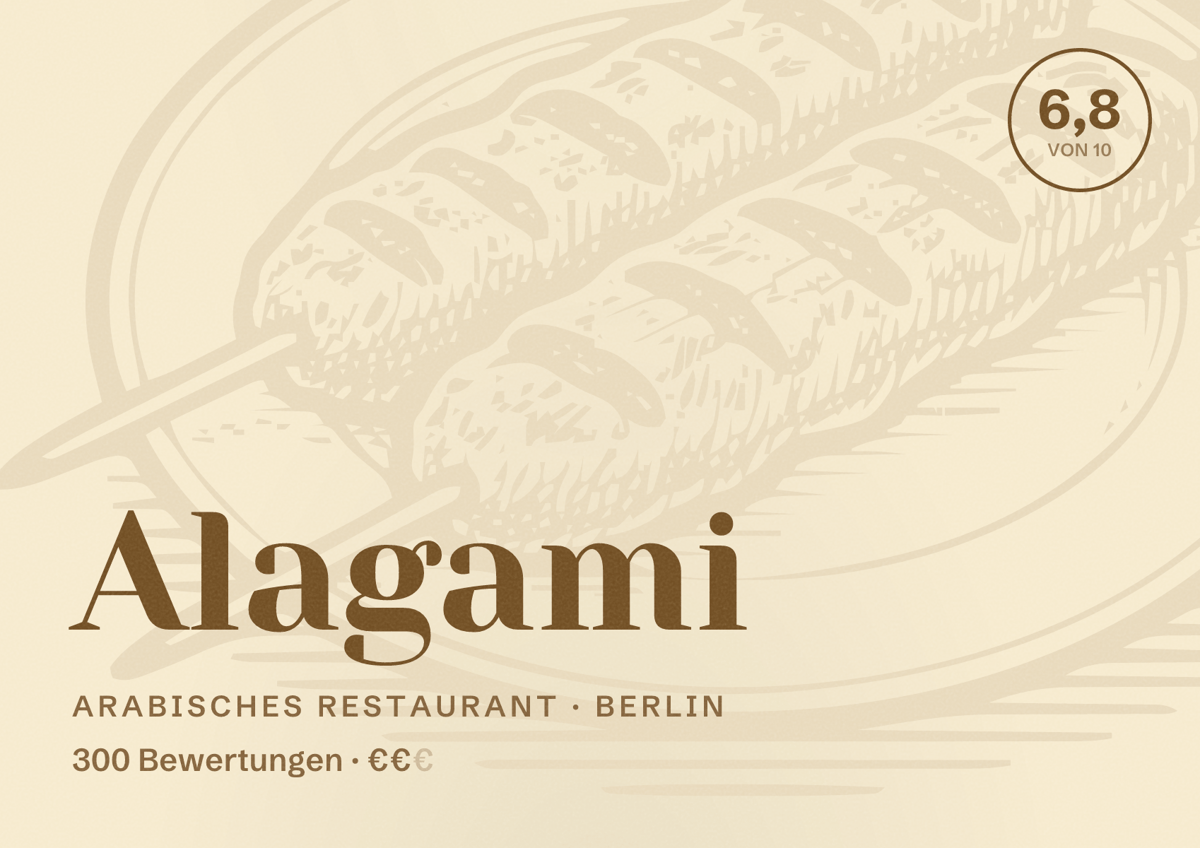 Illustriertes Poster von Alagami, Arabisches Restaurant in Berlin: Bewertung 6,8 von 10 aus 300 Bewertungen, Preisniveau €€