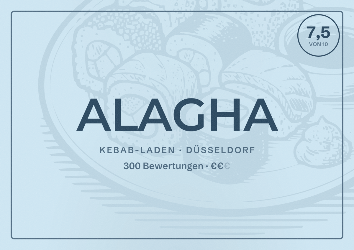 Illustriertes Poster von ALAGHA, Kebab-Laden in Düsseldorf: Bewertung 7,5 von 10 aus 300 Bewertungen, Preisniveau €€