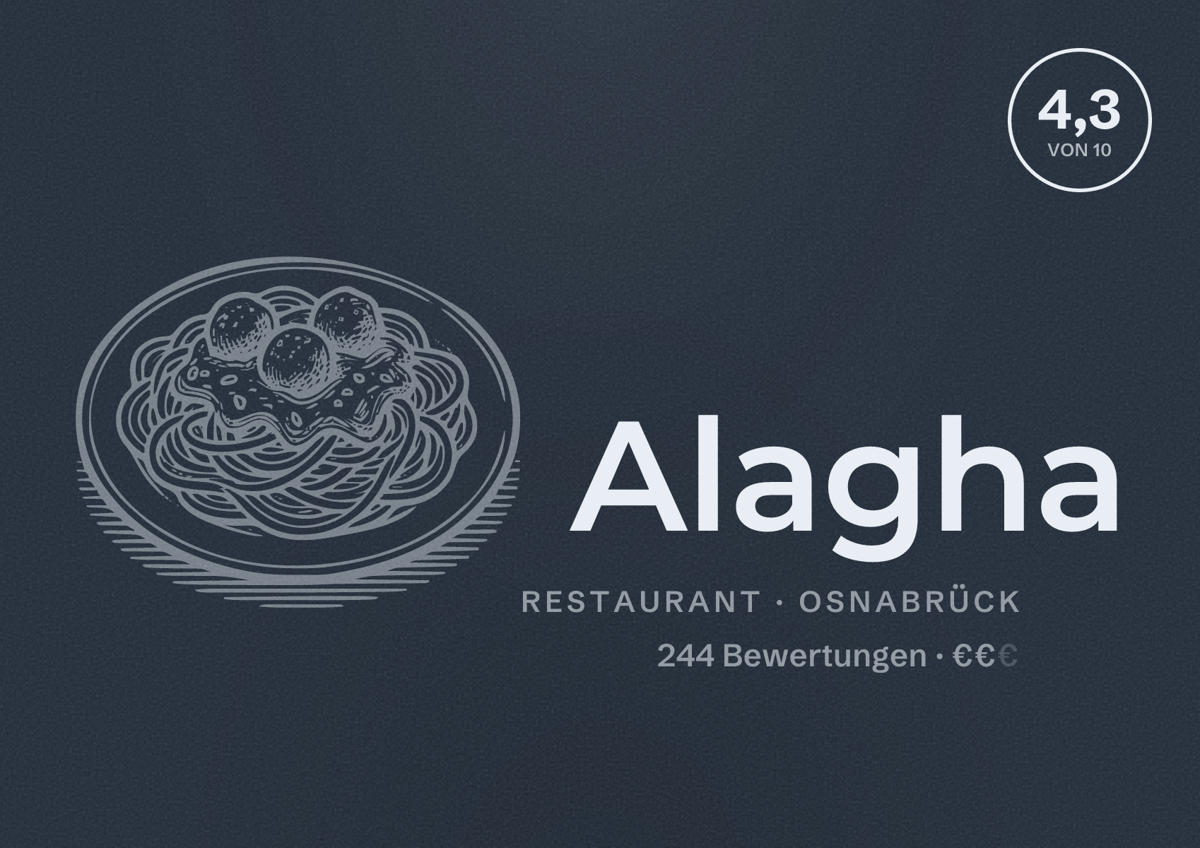 Illustriertes Poster von Alagha, Restaurant in Osnabrück: Bewertung 4,3 von 10 aus 244 Bewertungen, Preisniveau €€