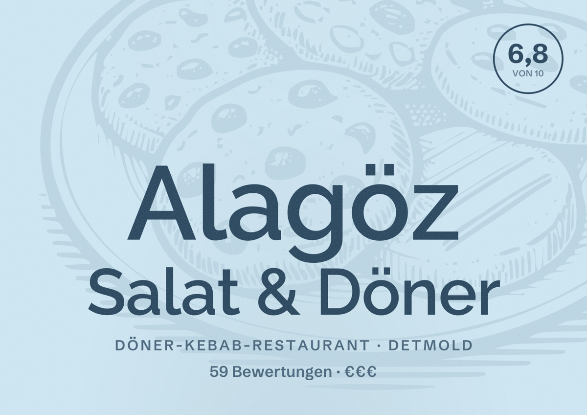 Illustriertes Poster von Alagöz Salat & Döner, Döner-Kebab-Restaurant in Detmold: Bewertung 6,8 von 10 aus 59 Bewertungen, Preisniveau €€€