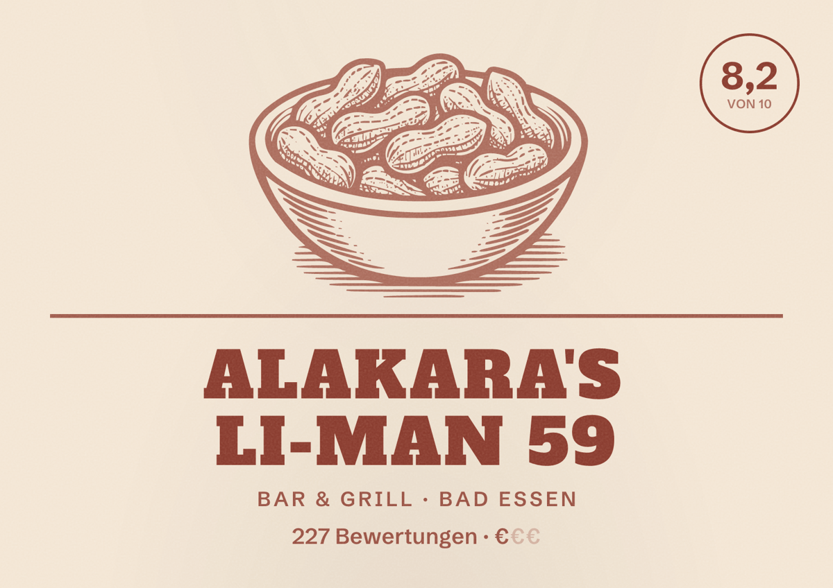 Illustriertes Poster von Alakara's LI-MAN 59, Bar & Grill in Bad Essen: Bewertung 8,2 von 10 aus 227 Bewertungen, Preisniveau €