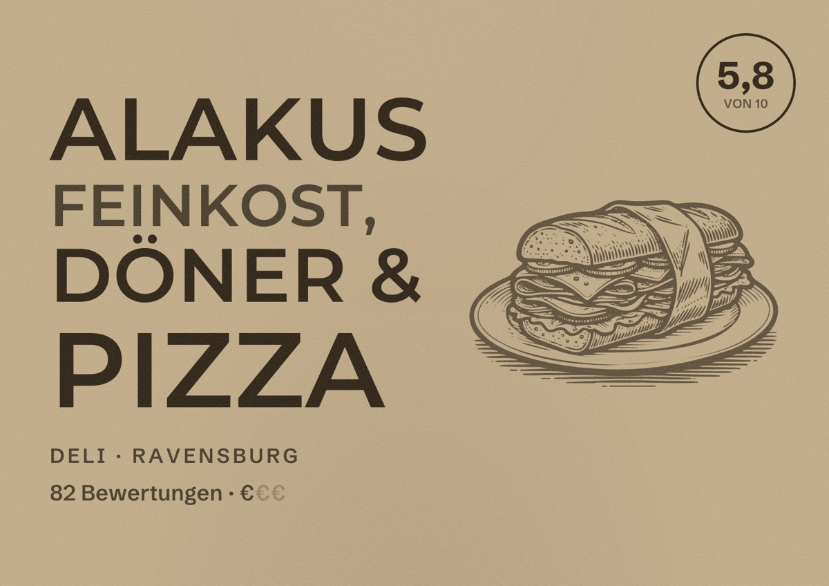 Illustriertes Poster von Alakus Feinkost, Döner & Pizza, Deli in Ravensburg: Bewertung 5,8 von 10 aus 82 Bewertungen, Preisniveau €