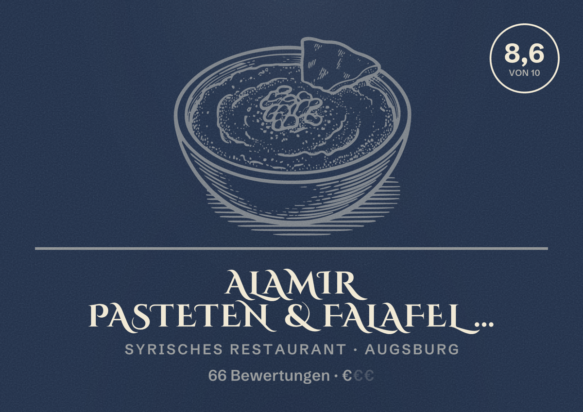 Illustriertes Poster von Alamir Pasteten & Falafel …, Syrisches Restaurant in Augsburg: Bewertung 8,6 von 10 aus 66 Bewertungen, Preisniveau €