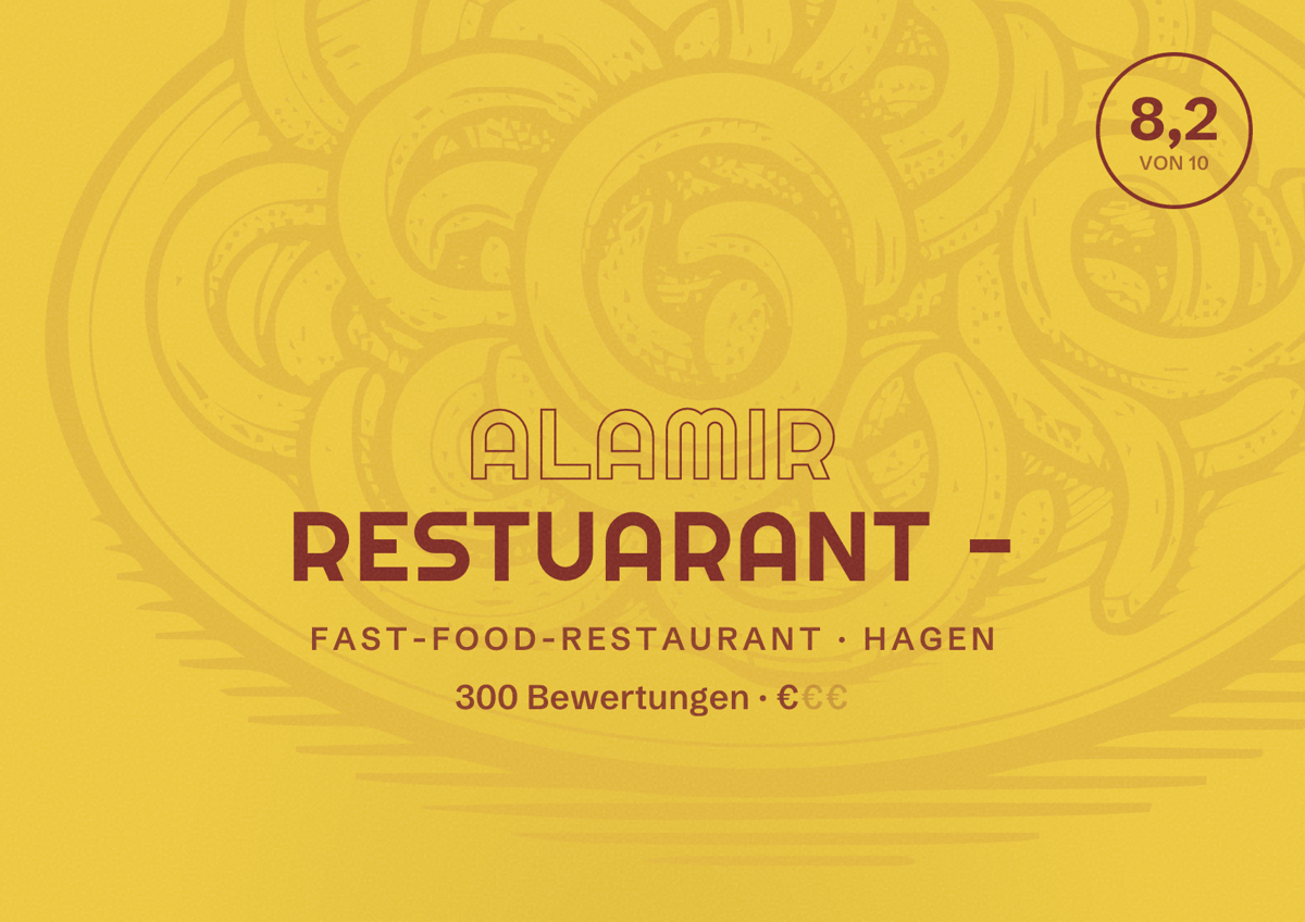 Illustriertes Poster von Alamir Restuarant -, Fast-Food-Restaurant in Hagen: Bewertung 8,2 von 10 aus 300 Bewertungen, Preisniveau €