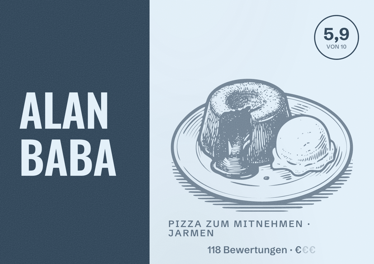 Illustriertes Poster von ALAN BABA, Pizza zum Mitnehmen in Jarmen: Bewertung 5,9 von 10 aus 118 Bewertungen, Preisniveau €