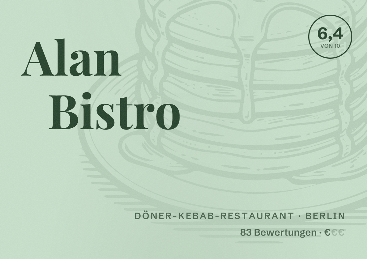 Illustriertes Poster von Alan Bistro, Döner-Kebab-Restaurant in Berlin: Bewertung 6,4 von 10 aus 83 Bewertungen, Preisniveau €