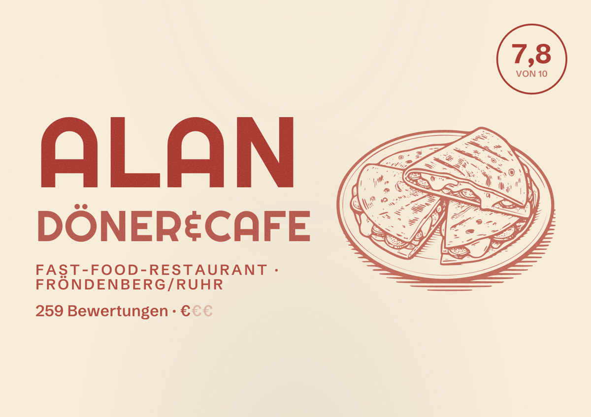 Illustriertes Poster von Alan Döner&cafe, Fast-Food-Restaurant in Fröndenberg/Ruhr: Bewertung 7,8 von 10 aus 259 Bewertungen, Preisniveau €
