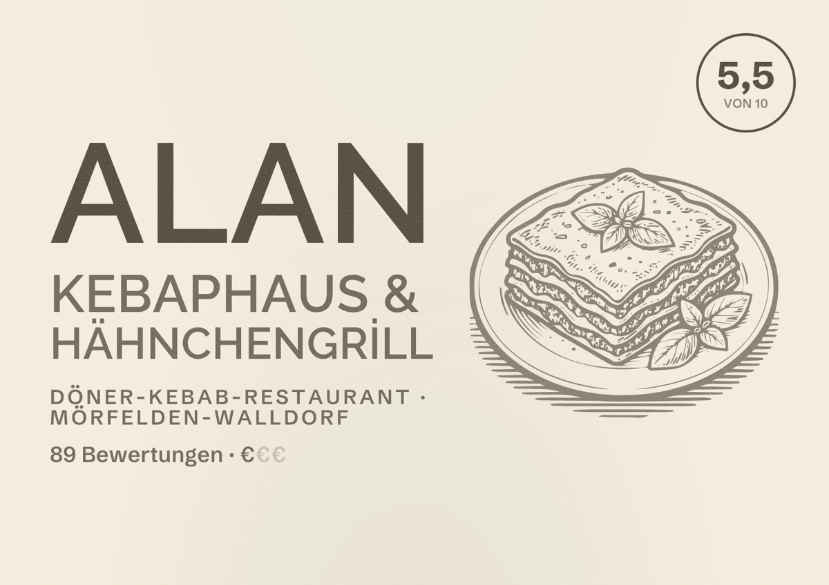 Illustriertes Poster von ALAN KEBAPHAUS & HÄHNCHENGRİLL, Döner-Kebab-Restaurant in Mörfelden-Walldorf: Bewertung 5,5 von 10 aus 89 Bewertungen, Preisniveau €