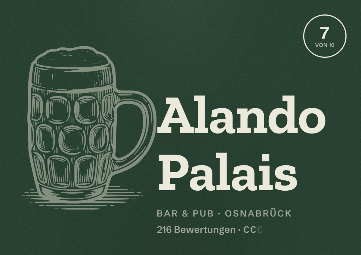 Illustriertes Poster von Alando Palais, Bar & Pub in Osnabrück: Bewertung 7 von 10 aus 216 Bewertungen, Preisniveau €€