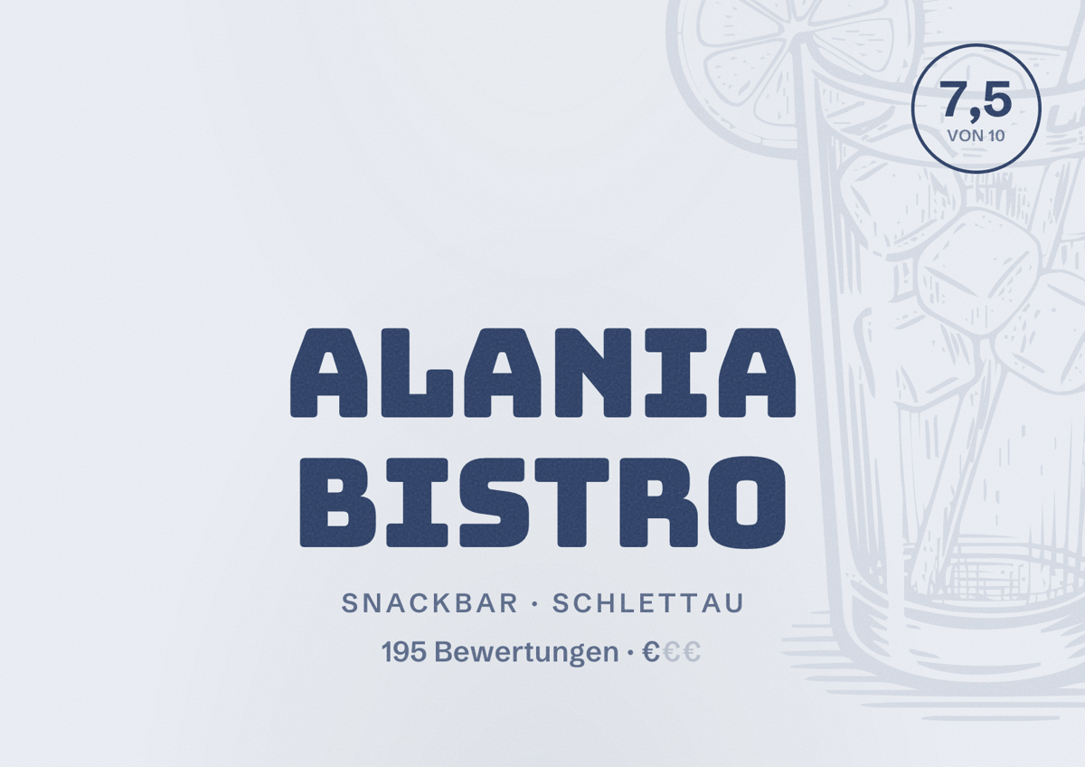 Illustriertes Poster von Alania Bistro, Snackbar in Schlettau: Bewertung 7,5 von 10 aus 195 Bewertungen, Preisniveau €